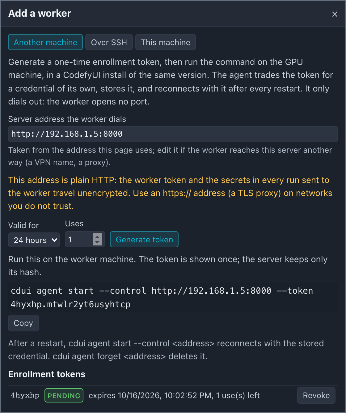 The Add worker dialog with a generated enrollment command